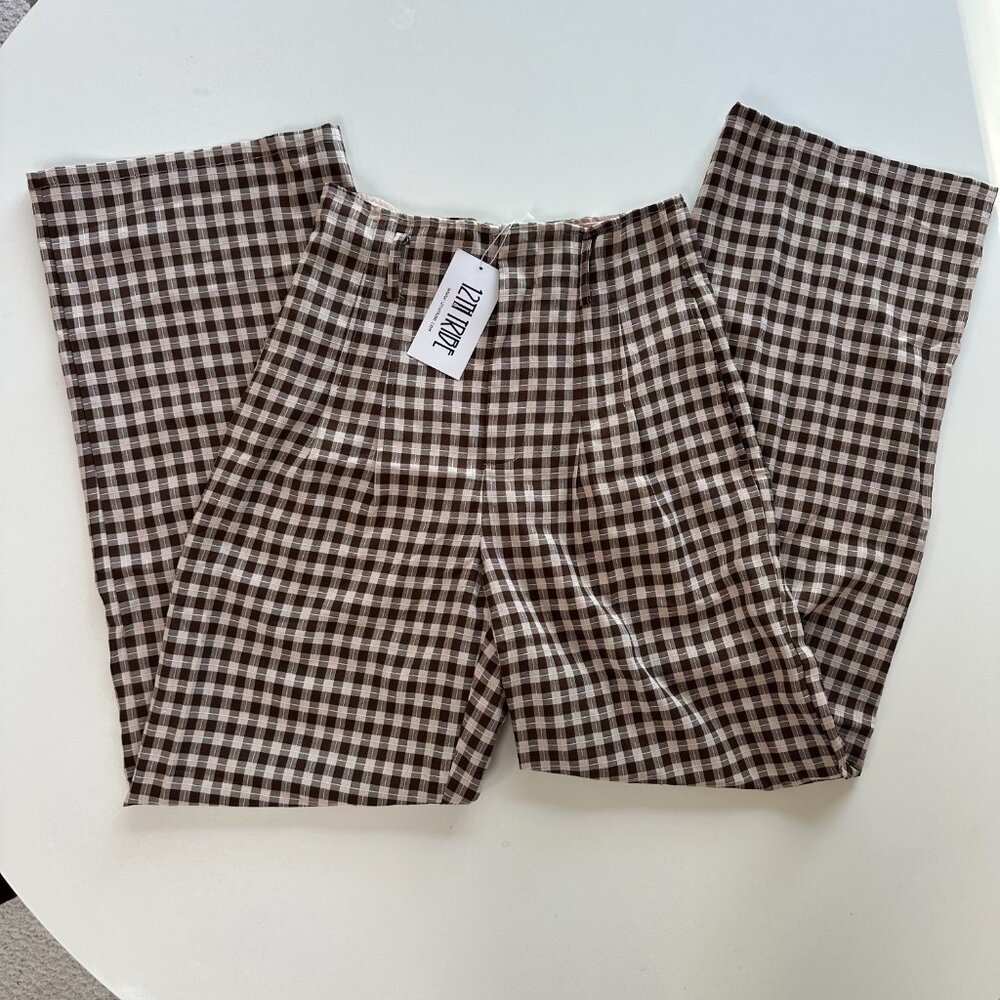 NWTs 12th Tribe Plaid Brown High Rise Straight Leg Pants S - Picture 2 of 6